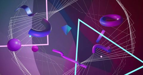 Futuristic abstract 3d shapes with lines on purple background
