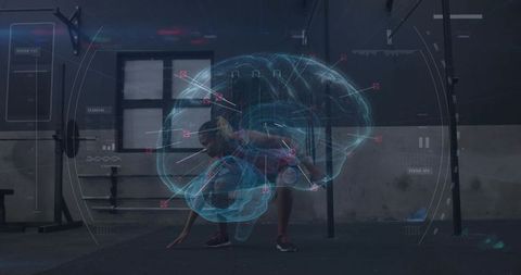 Female athlete performing low crouch with brain hologram overlay for neurofitness training