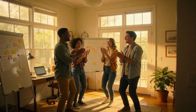 Celebrating team success in bright home office with whiteboard and casual collaboration