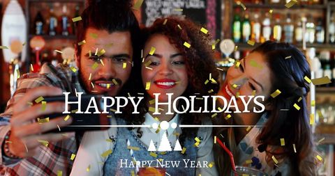 Diverse Friends Celebrating New Year's with Selfie and Confetti