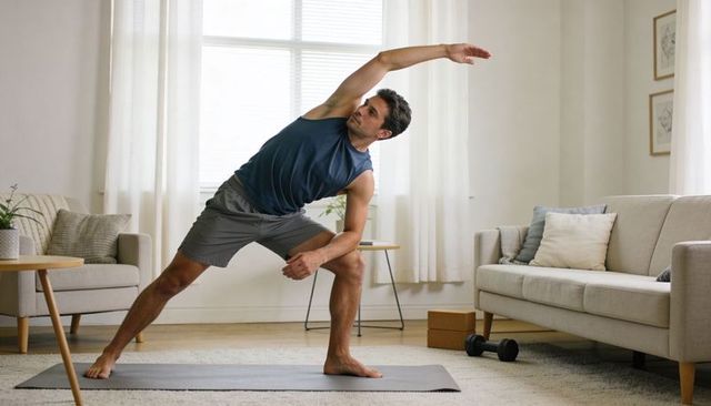 Man performing side lunge stretch in bright living room for home workout and wellness