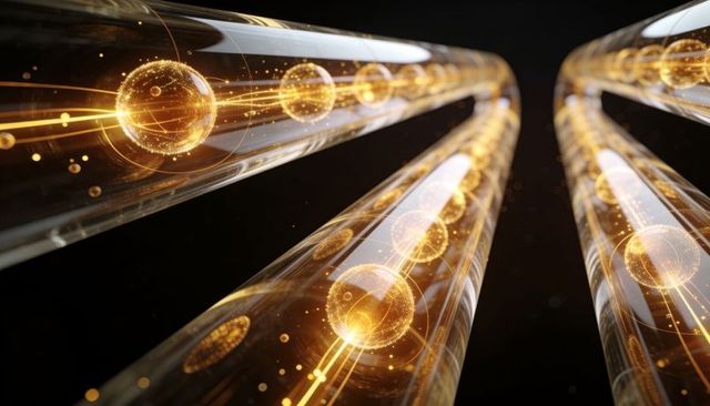 Streaming golden spheres inside transparent glass tubes, futuristic energy conduits