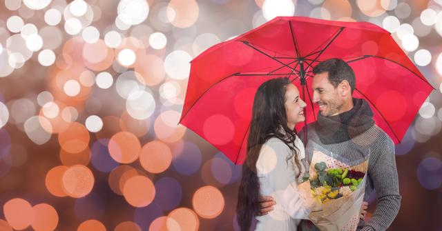 Couple holding a red umbrella and bouquet while staring into each other's eyes. The nighttime bokeh background with sparkling lights creates a warm and romantic atmosphere, making this image ideal for relationship and romance-themed marketing, advertisements, greeting cards, or social media posts celebrating love and togetherness.