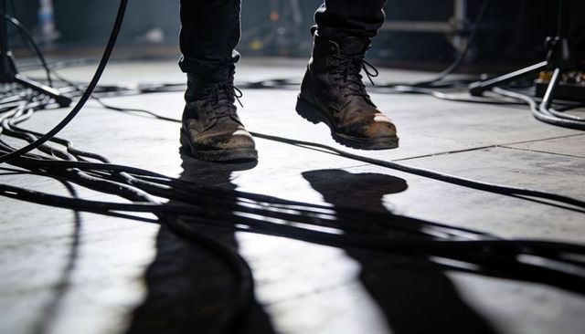 Rugged boots stomping on concert stage with tangled cables and dramatic shadow