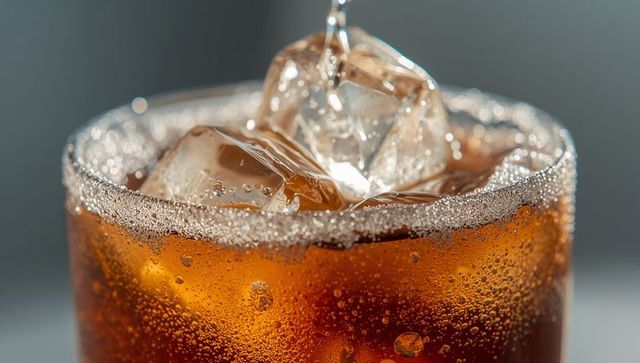 Refreshing carbonated soda with ice and bubbles macro