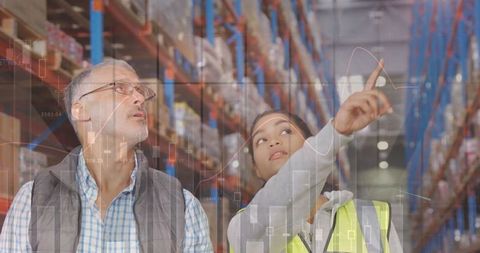 Warehouse Workers Analyzing Logistics with Data Overlay