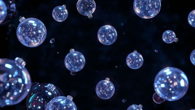 Floating glass baubles reflecting cool blue lights on dark background