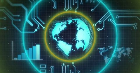 Futuristic earth globe display with data visualization elements