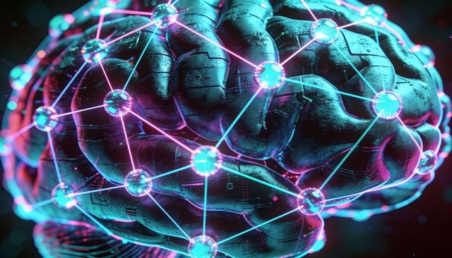 Futuristic neon brain network connecting glowing nodes and circuit paths