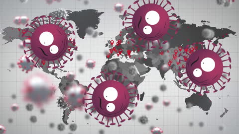 Animated Virus Cells Over World Map Depiction of Global Pandemic