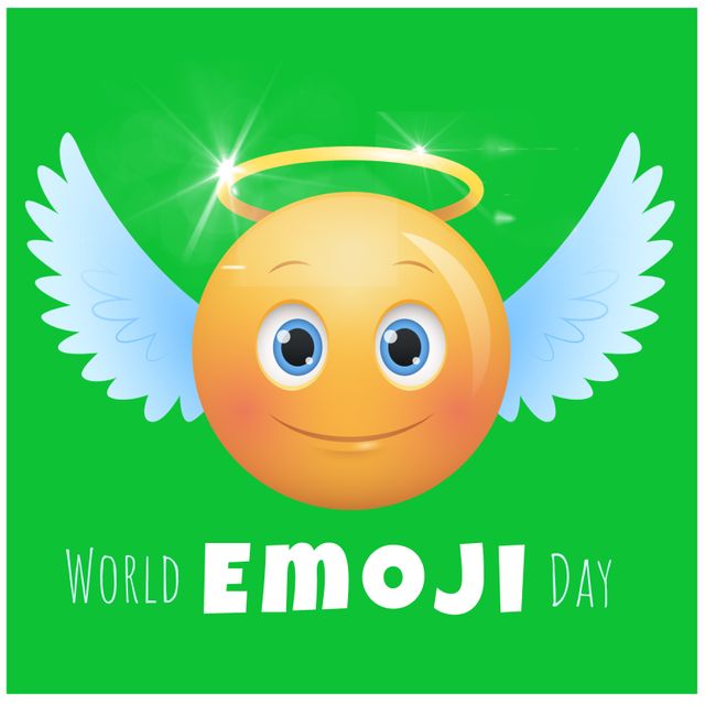 Illustration of a smiling angel emoji with a halo and wings, set against a green background with 'World Emoji Day' text. Perfect for promoting events, creating social media graphics, or decorating websites celebrating World Emoji Day.