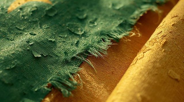 Fraying teal textile draping over mustard gold woven fabric macro texture