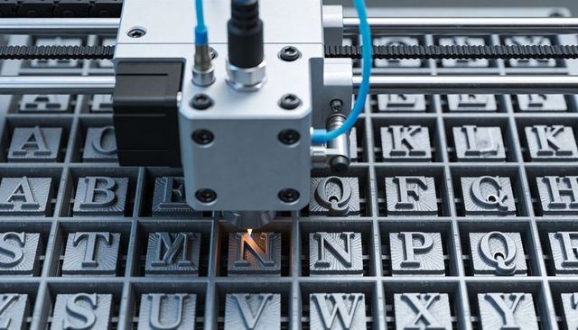 Gantry Laser Engraver Marking Raised Serif Letter N on Industrial Type Tray for CNC