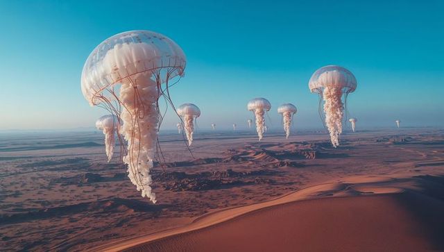 Floating jellyfish surreally gliding over desert dunes