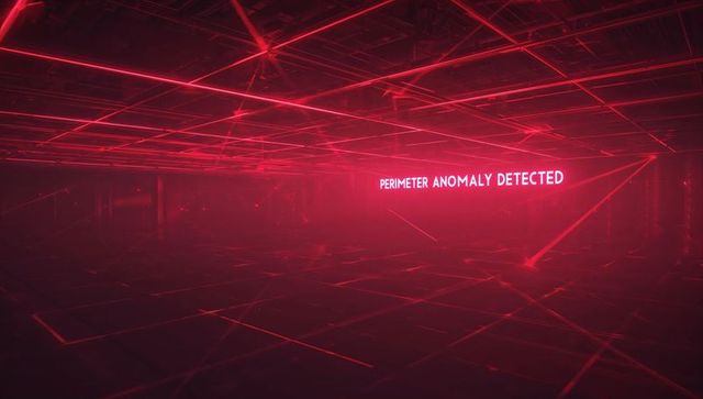Displaying red neon perimeter anomaly detected sign with red laser grid in foggy warehouse