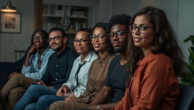 Multicultural professionals sitting together wearing glasses and business casual in cozy lounge