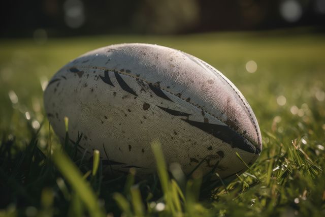 This image shows a close-up view of a rugby ball lying on a grass field. The ball appears to be slightly dirty, indicating it has been used. Ideal for articles and advertisements related to rugby, sports merchandise, outdoor games, school sports activities and fitness.