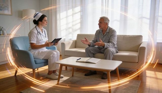Home nurse consulting senior man in cozy living room holding tablet and taking notes