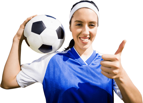 Happy female soccer player holding ball thumbs up transparent background