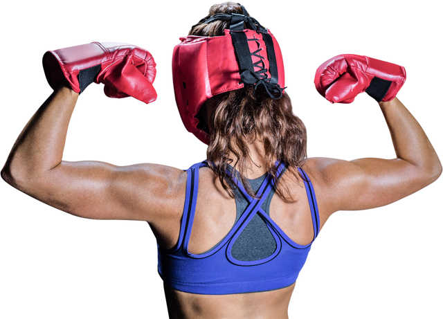 female boxer with red gloves and headgear flexing muscles transparent - Download Free Stock Videos Pikwizard.com