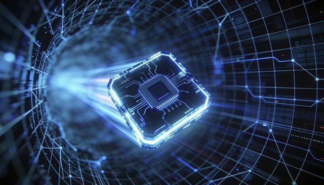 Neon Microchip Accelerating Through Digital Tunnel With Circuit Traces and Data Streams
