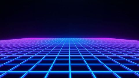 Neon grid horizon receding into magenta synthwave landscape with retro futuristic glow