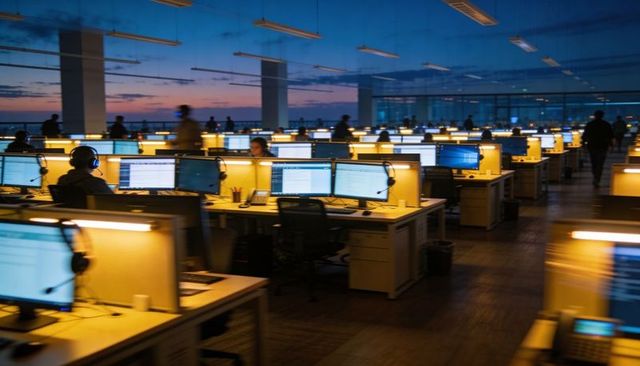Dusk call center open-plan workspace with headset agents typing and handling calls