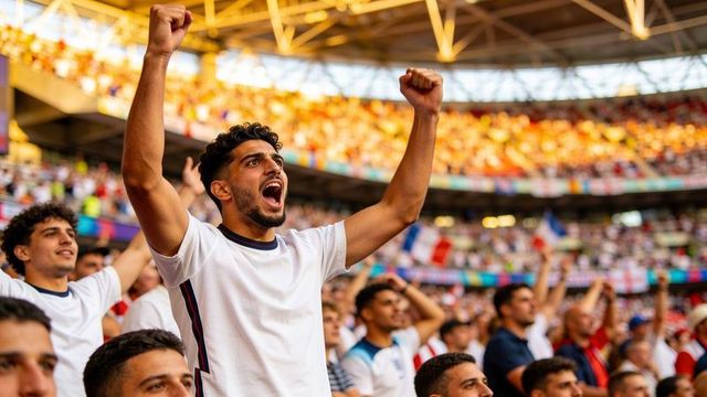 Passionate fans cheering, raising fists in packed stadium at major soccer match