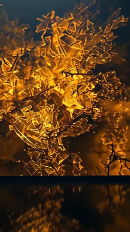 Shifting gold shards and glowing branches vertical loop, luminous amber abstract motion background