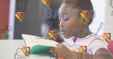 Schoolgirl reading book with educational graphics