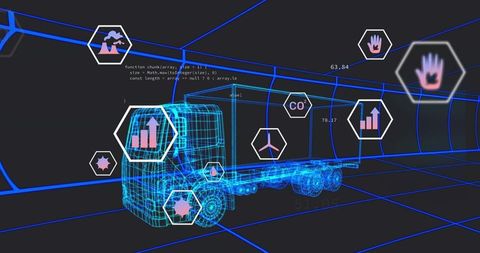 Rendering neon-blue wireframe semi truck in virtual grid tunnel with holographic analytics