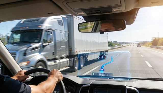 Driver navigating highway with windshield hud navigation display while semi truck passes