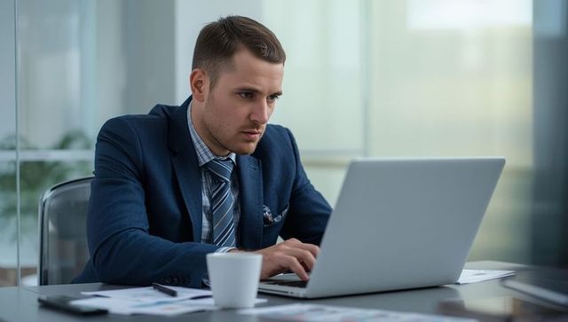 Man in suit working on laptop in office