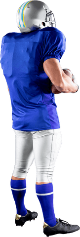 caucasian male football player wearing blue uniform and helmet standing with football in hand. image features detailed sports gear design on transparent background. ideal for use in sports promotions, football training brochures, advertising material focused on teamwork, strength, or athletics.