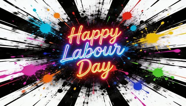 Neon happy labour day greeting with colorful paint splatters and black radial burst