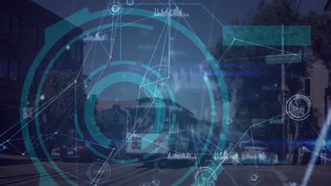 Futuristic Network Interface Overlaying City Street Scene