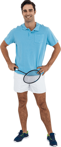 Transparent badminton player holding racket smiling