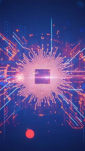 Vertical Neon Microchip Pulsing Cyan Beam and Red Orb Charging, Circuit Sunburst Glow