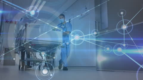 Medical Team Rushing Patient Amidst Virtual Network Connections Overlay