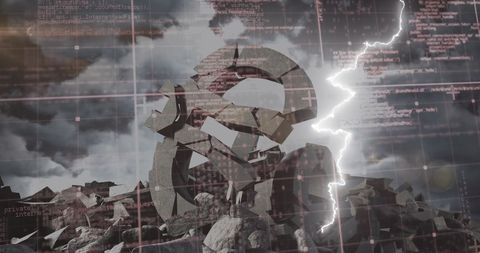 Shattered euro amid digital storm with thunderbolt
