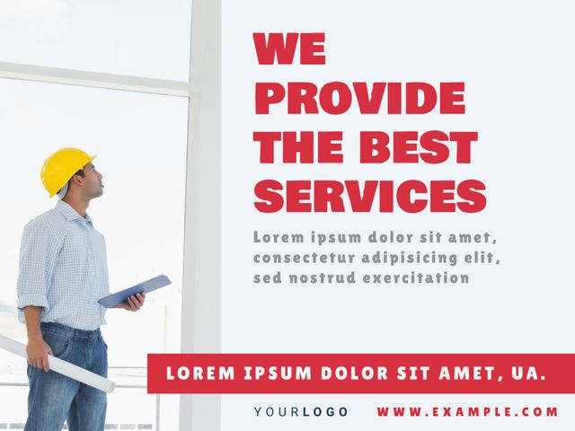 Image features construction professional holding clipboard in well-lit office. Perfect for showcasing construction services, industry expertise, and trustworthy business practices. Useful for websites, brochures, advertisements, marketing materials, presentations.