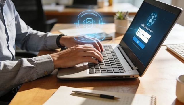 Business professional typing laptop with secure login and holographic cybersecurity interface
