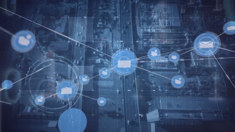 Digital Network Overlay on Urban Cityscape Illustrating Global Connectivity