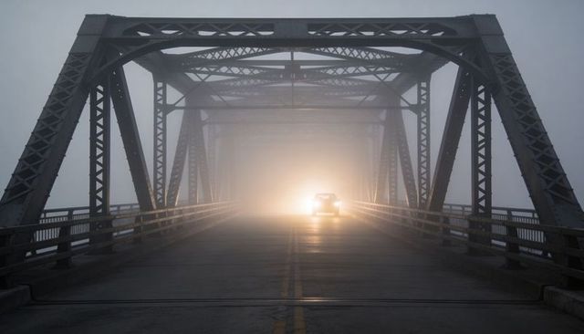 Car headlights piercing heavy fog on steel truss bridge at night, wet deck reflecting lights