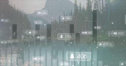 Social Media Icons and Statistics Over Serene Landscape