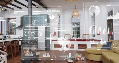 Futuristic Financial Data Overlay in Modern Restaurant Interior - Download Free Stock Images Pikwizard.com