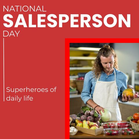 National Salesperson Day Poster with Male Vegetables Vendor
