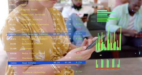 Tapping woman reviewing stock market data on smartphone with financial charts overlay