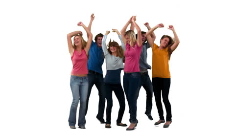 Group of Friends Celebrating Joyously Against White Background