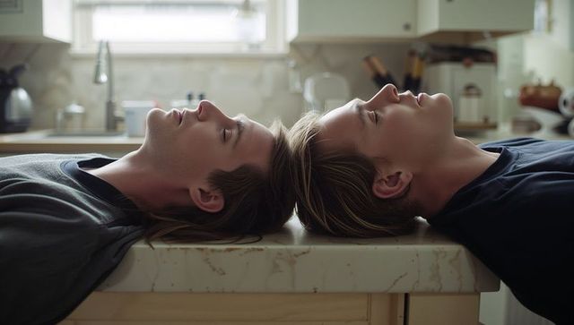 Two young men resting back-to-back on marble kitchen counter in soft quiet morning light